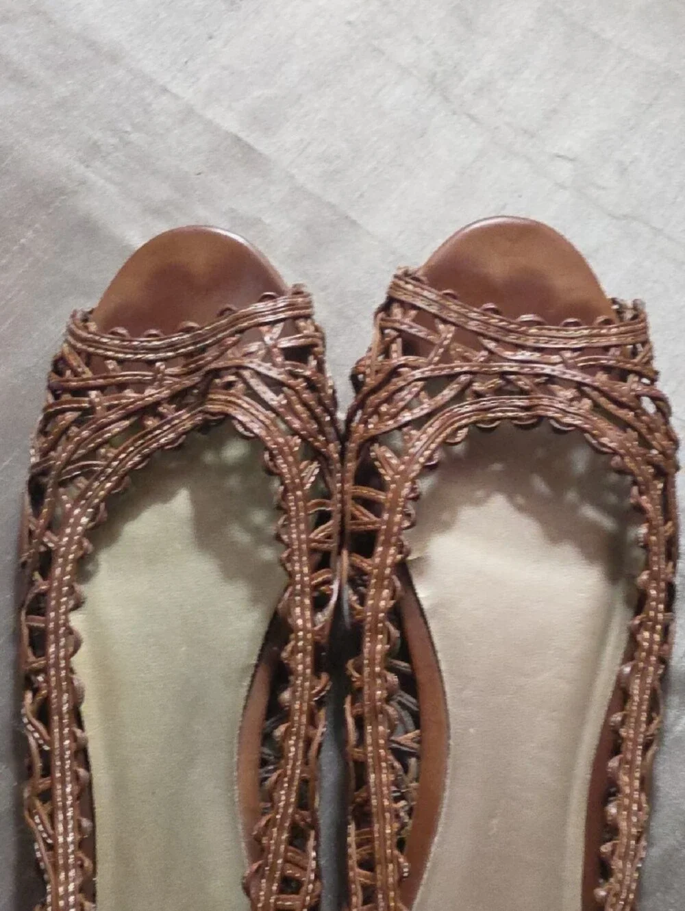Women's Brown Woven Peep-Toe Flats